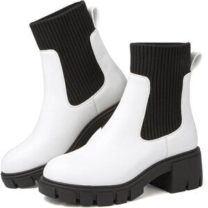 BKWHDAY Women's White Black Chelsea Platform Ankle Boots Fashion Chunky Heel